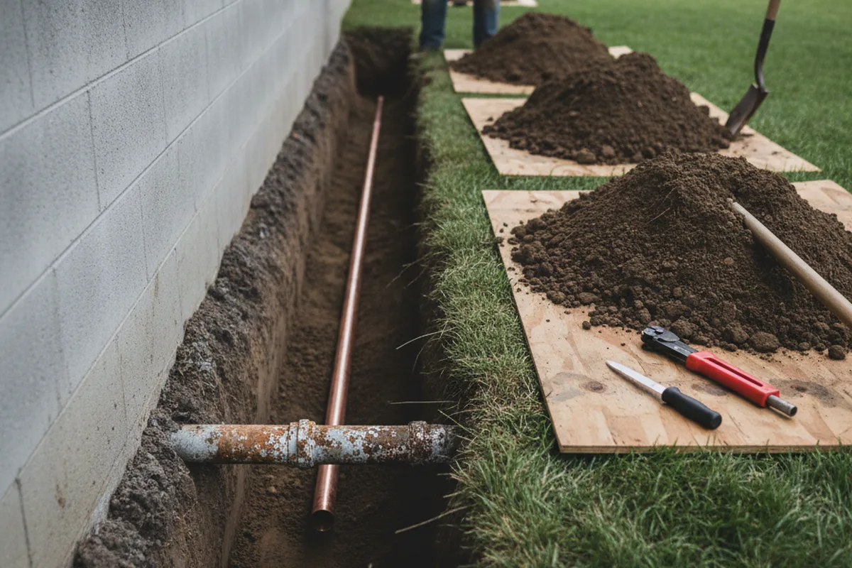 Excavated water line trench during Water Softener Installation in Tyndall
